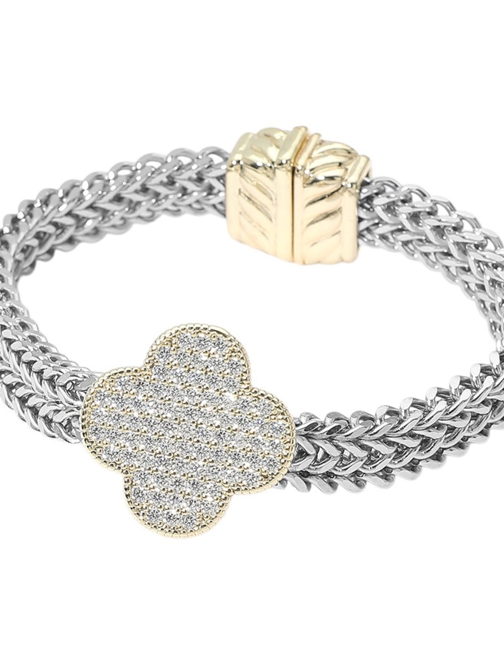 Two-Tone Pave Clover Bracelet - Silver & 14K Gold Accent